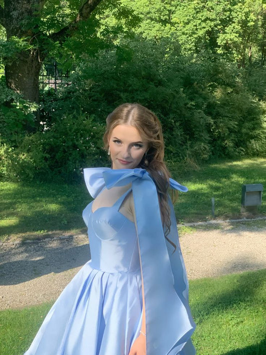 Romantic Blue Straps A Line Satin Homecoming Dress With Oversized Shoulder Bows AS520