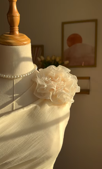 Elegant White One‑Shoulder Asymmetrical Ruffled Short Homecoming Dress With 3D Floral Shoulder Detail AS522