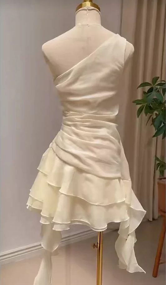Elegant White One‑Shoulder Asymmetrical Ruffled Short Homecoming Dress With 3D Floral Shoulder Detail AS522