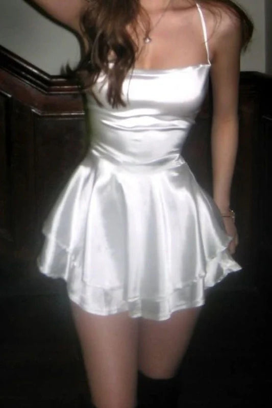 Chic White Satin Spaghetti Straps Crisscross Tie‑Up Back A Line Mini Homecoming Dress AS523