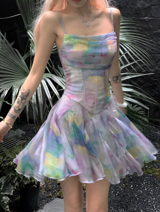 Dreamy Colorful Print Spaghetti Straps Corset Mini Homecoming Dress AS525