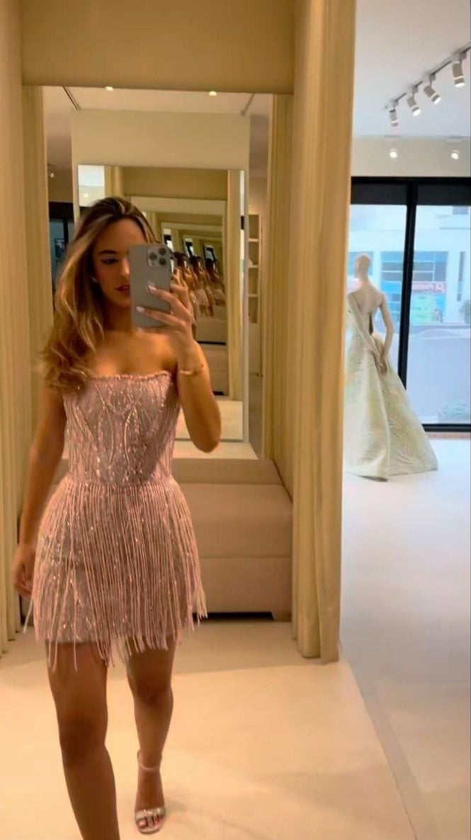 Stunning Blush Strapless Beaded Sheath Homecoming Dress With Fringe Hem AS535