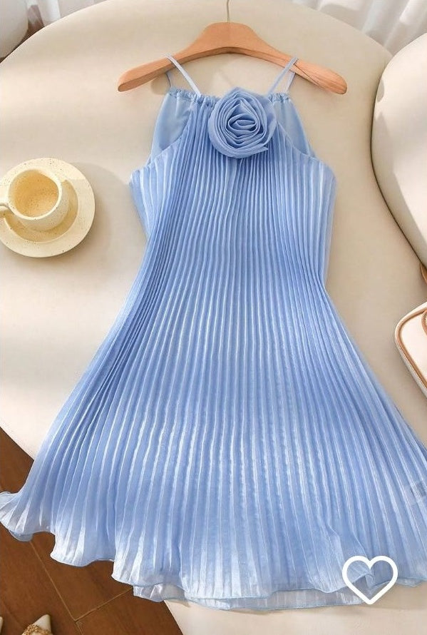 Romantic Light Blue Spaghetti Straps A-Line Short Homecoming Dress With 3D Rosette Detail And Airy Pleated Design AS539