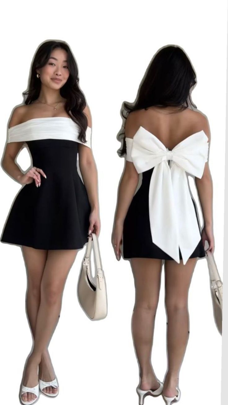 Chic Black & White Off-The-Shoulder A Line Short Homecoming Dress With Back Bow Detail AS543