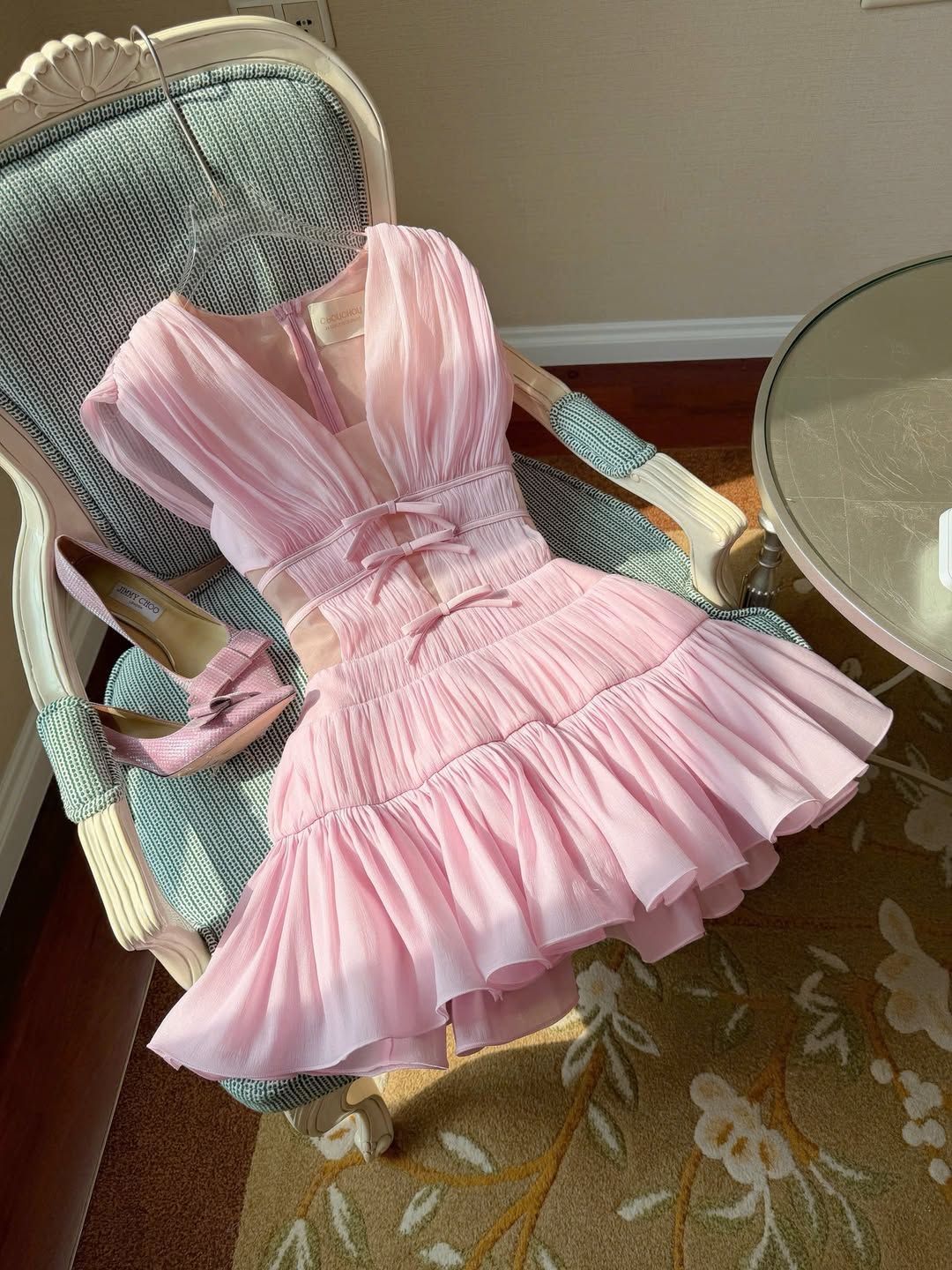 Soft Light Pink V-Neck A Line Short Homecoming Dress With Bow Detail And Ruffle Skirt AS550