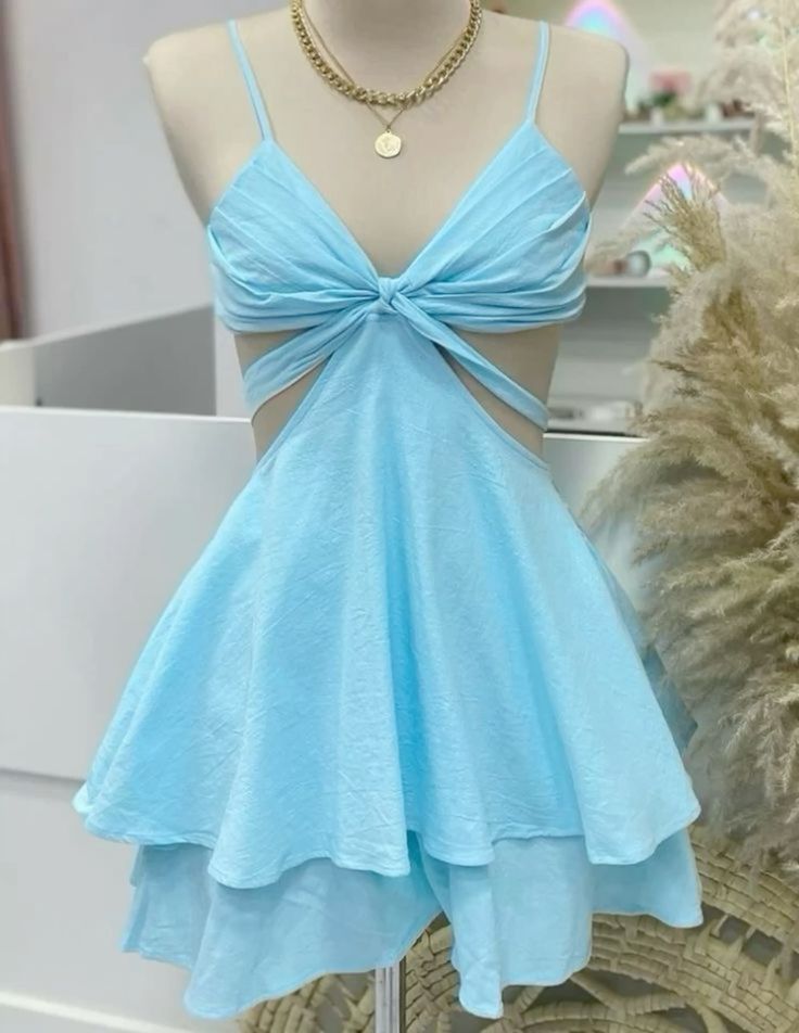 Breezy Sky Blue Spaghetti Straps A Line Mini Homecoming Dress With Knot Front, Waist Cutouts And Tiered Hem AS556