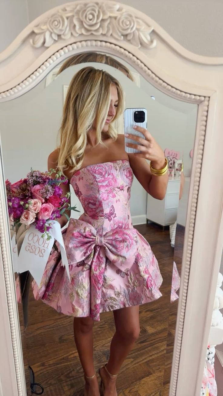 Romantic Pink Floral Print Strapless A Line Short Homecoming Dress With Statement Bow Detail AS558