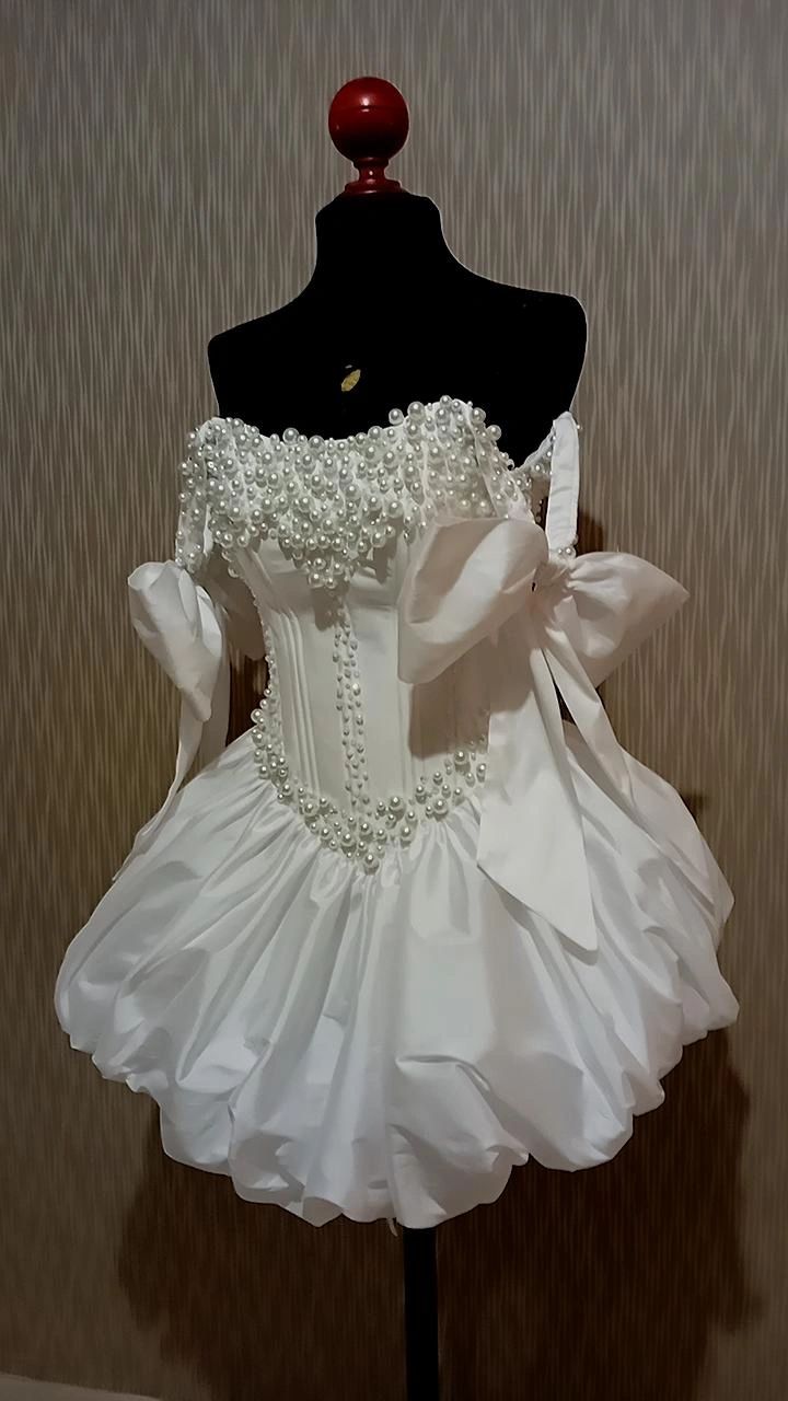 Opulent White Off-The-Shoulder A Line Balloon Skirt Homecoming Dress With Pearl-Embellished Corset Bodice & Bow Detail AS559