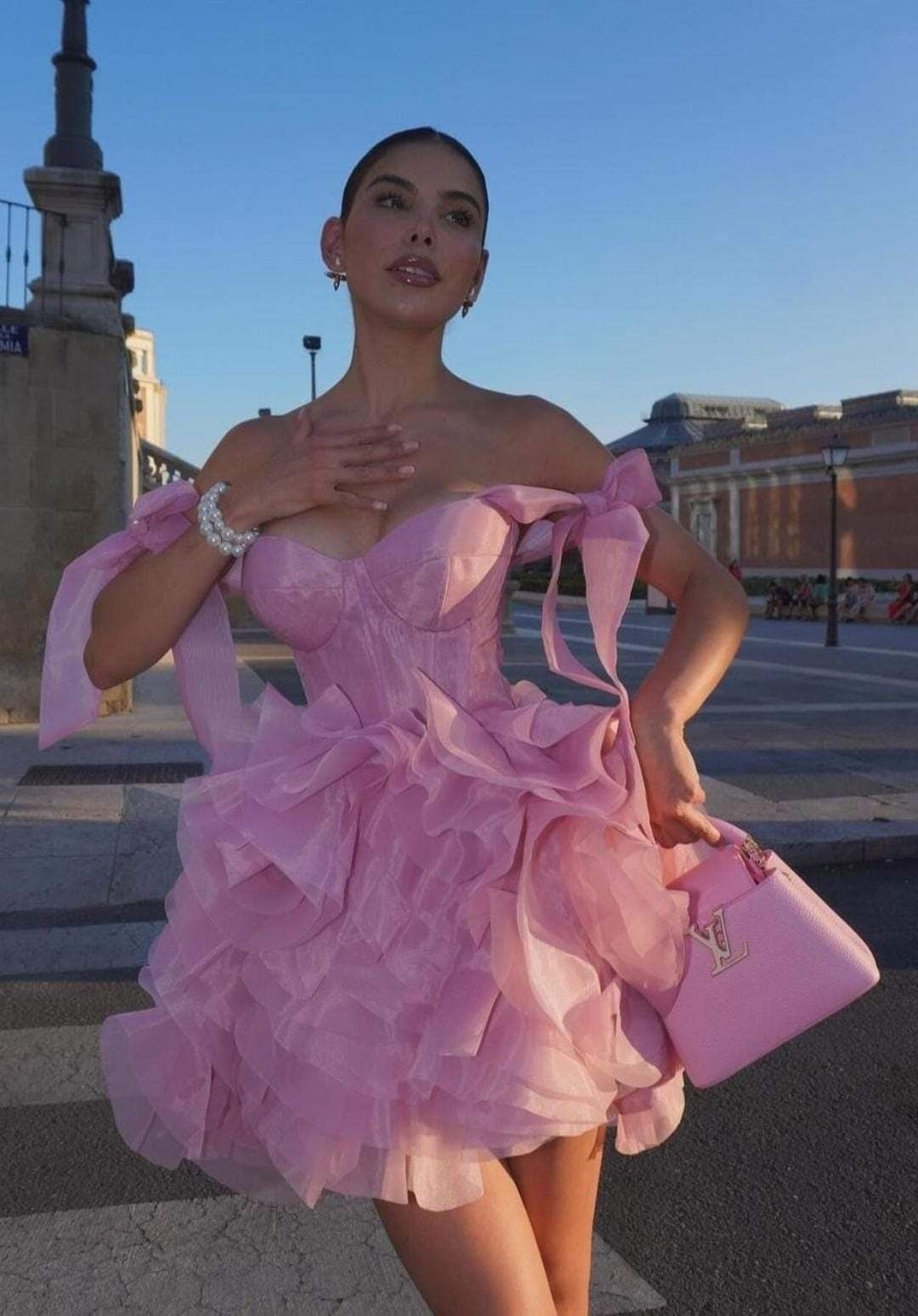 Ethereal Pink Sweetheart Neck A Line Short Homecoming Dress With Bows Straps And Cascading Ruffle Hem AS563