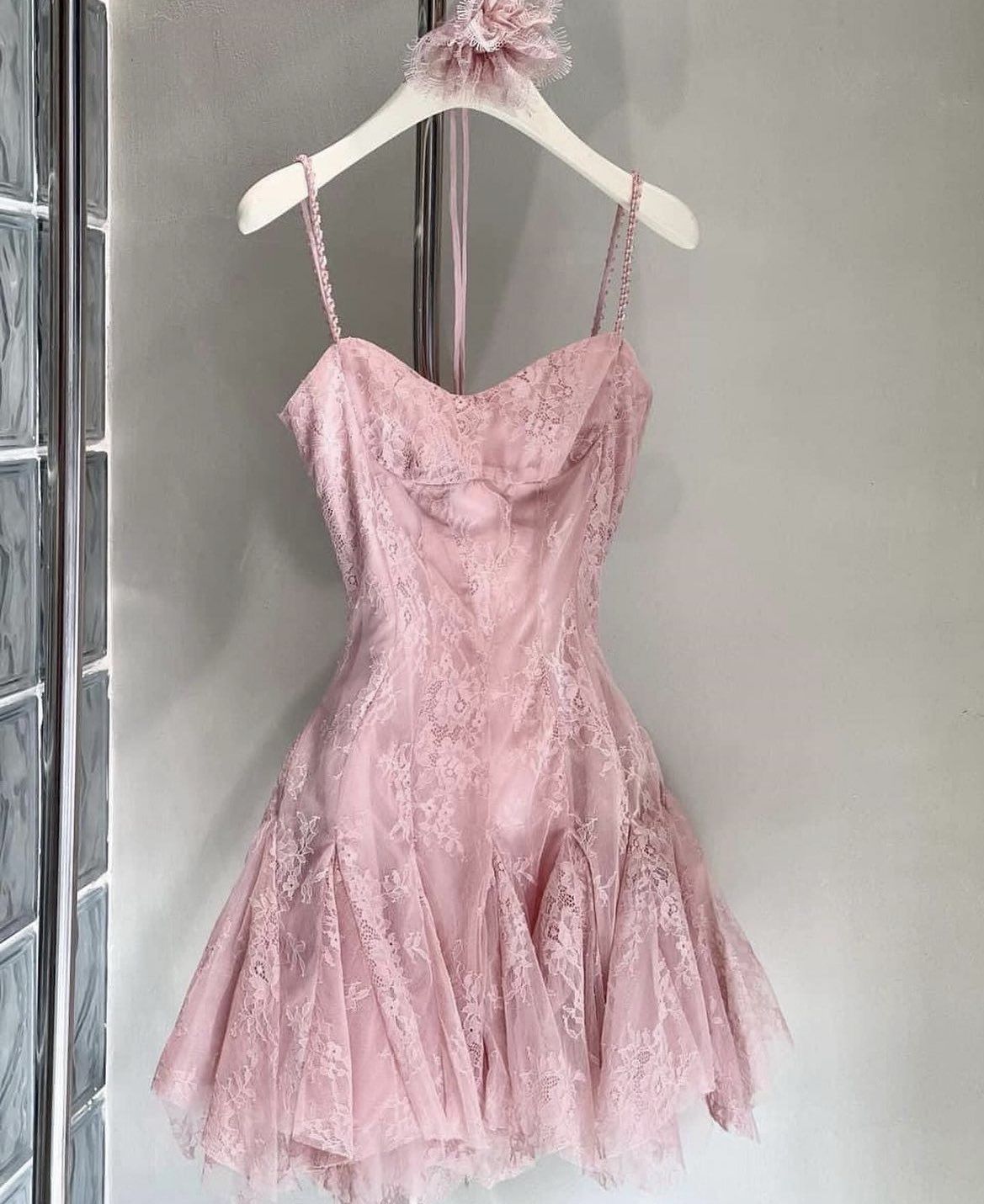 Elegant Pink Spaghetti Straps Lace A-Line Short Homecoming Dress AS566