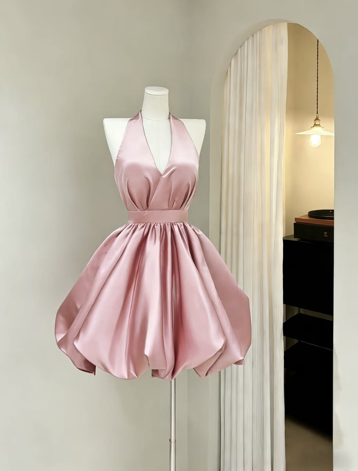 Regal Pink Deep V Halter A Line Bubble Hem Short Homecoming Dress AS577