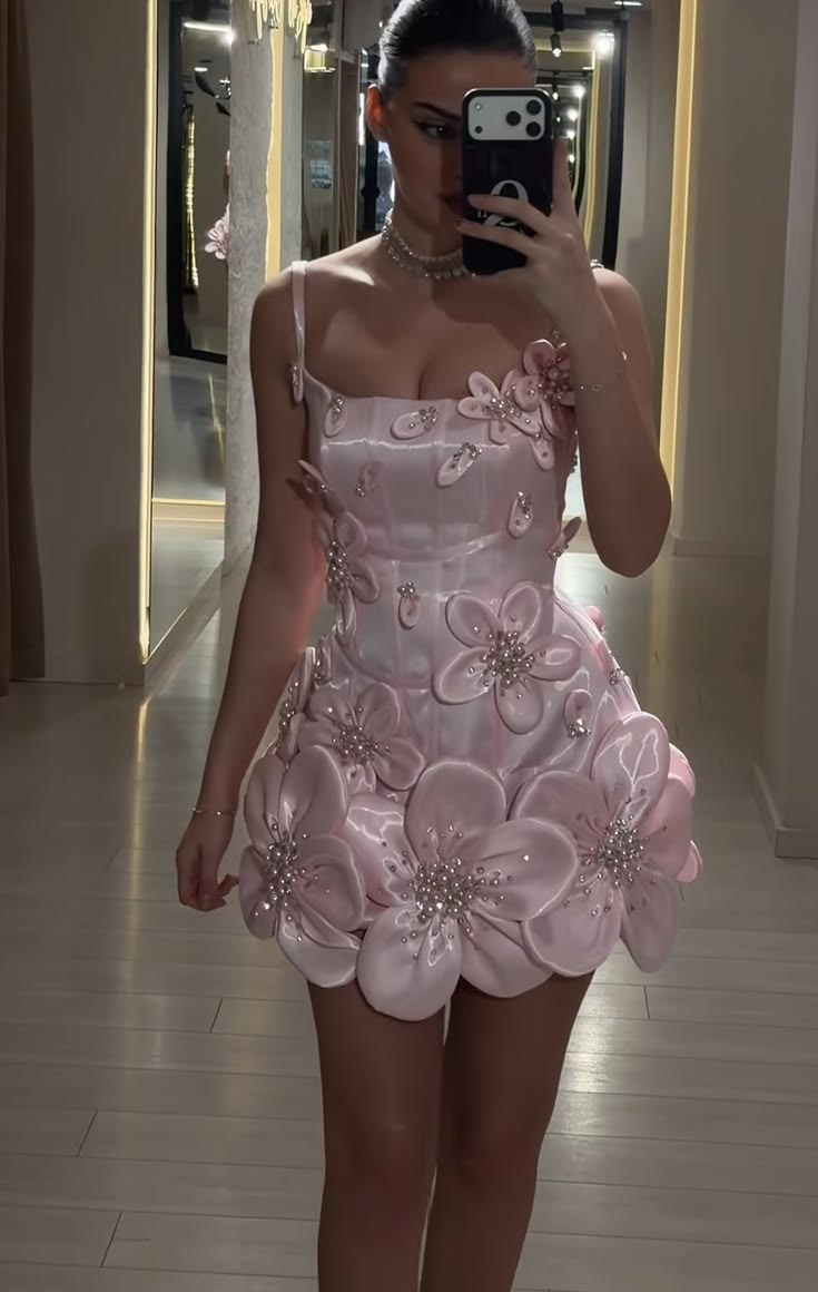 Enchanting Pink Spaghetti Straps A-Line Short Homecoming Dress With 3D Flower Appliques And Beaded Embellishments AS582