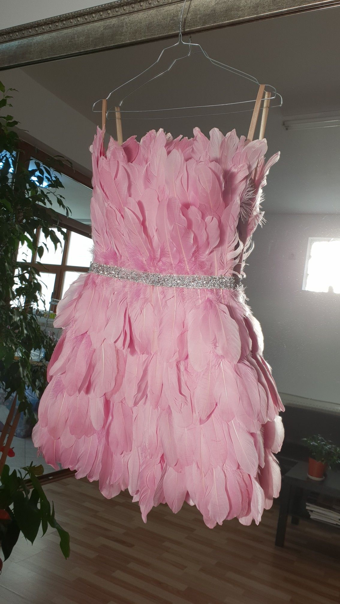 Whimsical Pink Feather Strapless A-Line Mini Homecoming Dress With Crystal Waist AS593