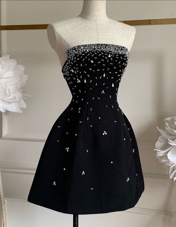 Glamorous Black Strapless A-Line Mini Homecoming Dress With Ombre Crystal Embellishments AS595