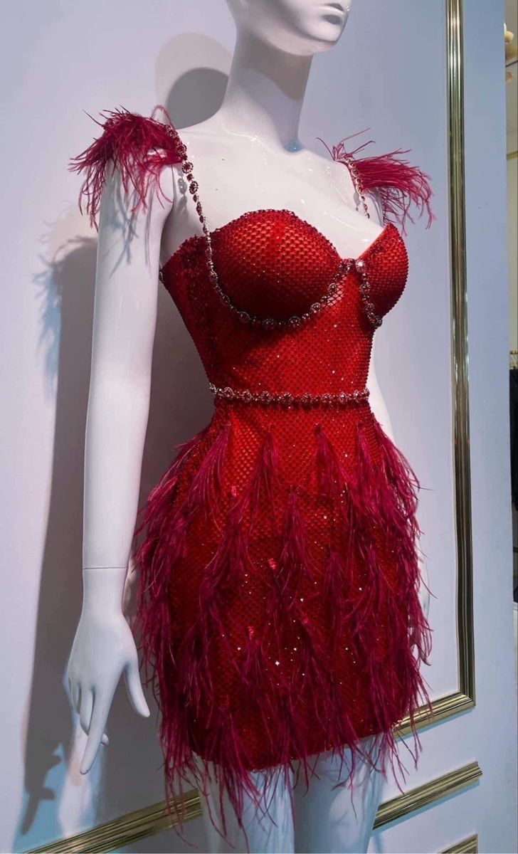 Glamorous Red Beaded Bodycon Mini Homecoming Dress With Crystal Chain Straps & Feather Details AS596