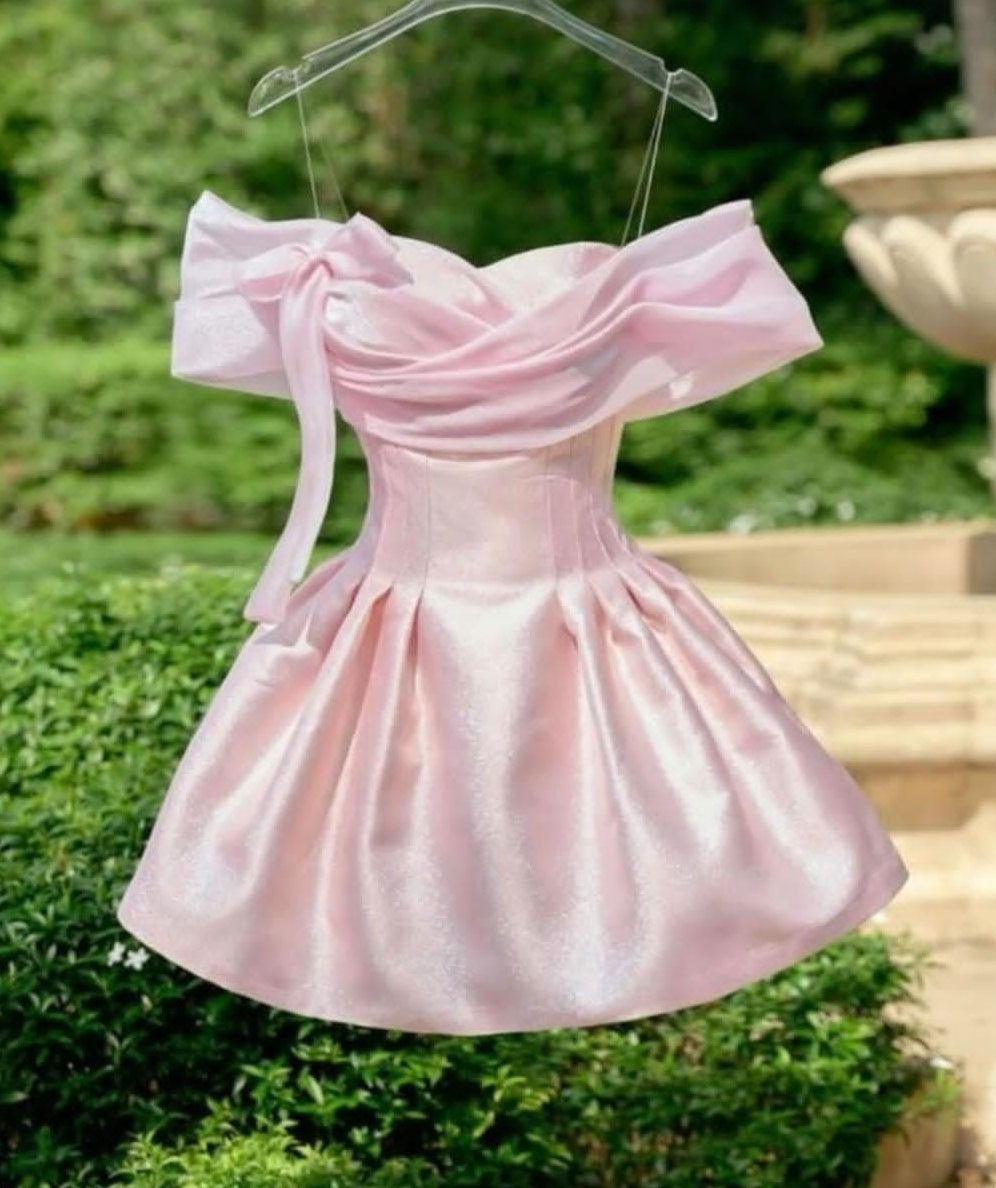 Elegant Light Pink Off-Shoulder A Line Short Homecoming Dress With Bow Detail AS600