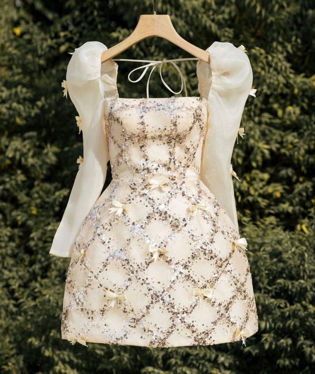 Whimsical Light Yellow Square Neck Sequin A Line Mini Dress With Puff Sleeves & Bow Details AS606
