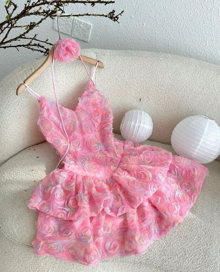 Whimsical Pink Spaghetti Straps A Line Mini Homecoming Dress With 3D Rose Appliques & Tiered Skirt AS610