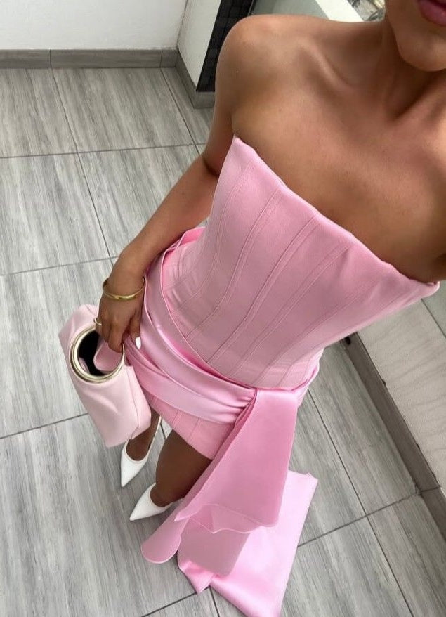 Sleek Pink Strapless Bodycon Mini Homecoming Dress With Corset Bodice & Satin Train AS621