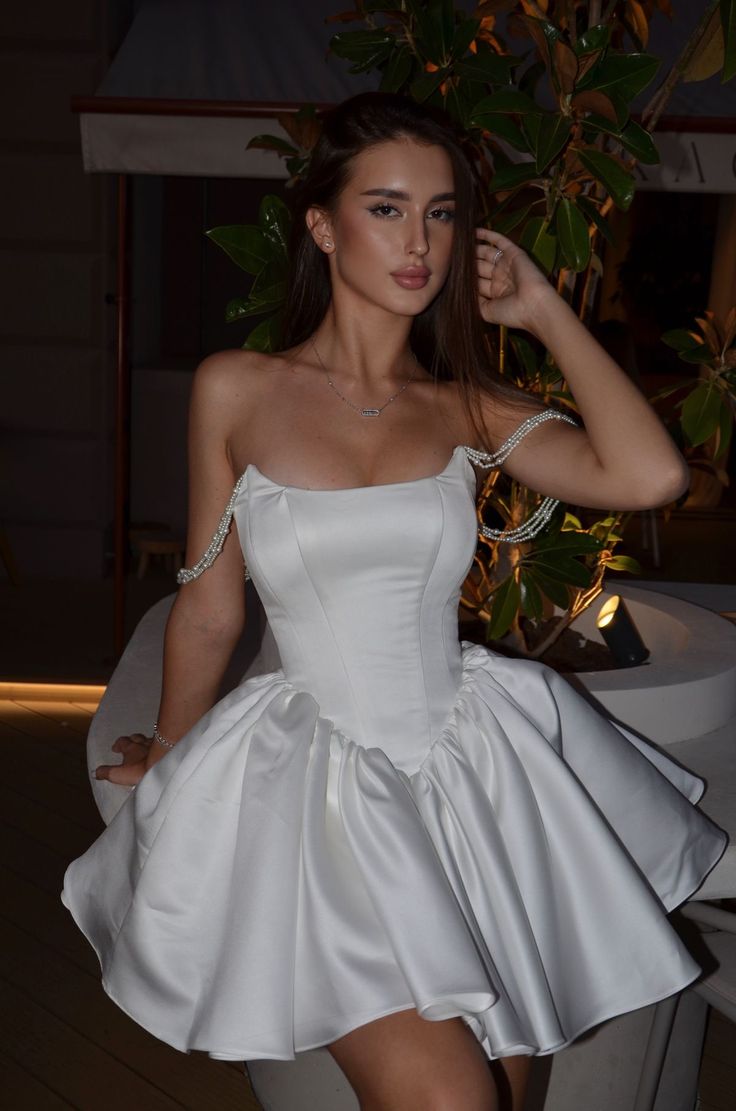 Elegant White Pearl-Embellished Off-Shoulder Straps A Line Mini Homecoming Dress AS622