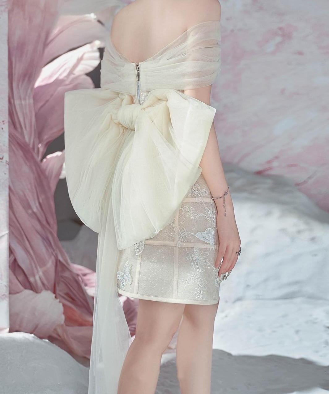 Whimsical Ivory Off The Shoulder A Line Short Homecoming Dress With Butterfly Appliques & Back Bow AS626