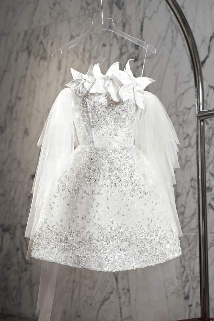 Enchanting White Strapless Sequin A Line Short Homecoming Dress With Floral Appliques & Tulle Sleeves AS634