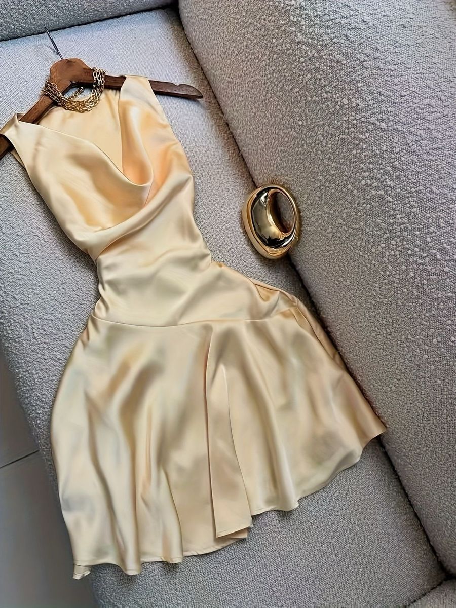 Elegant Champagne Cowl Neck A-Line Sleeveless Short Homecoming Dress AS636