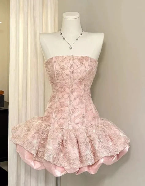 Romantic Pink Strapless A Line Short Homecoming Dress With Lace Overlay & Puffy Ruffle Skirt AS649