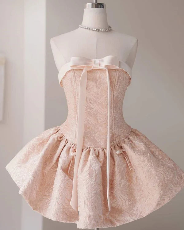 Cute Blush Pink Strapless A Line Mini Dress With Jacquard Satin Fabric And Bow Detail AS650