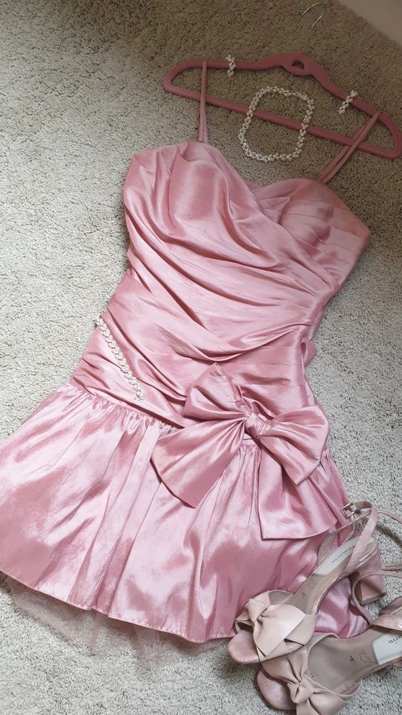 Cute Pink A line Spaghetti Straps A Line Short Satin Homecoming Dress With Bow AS653