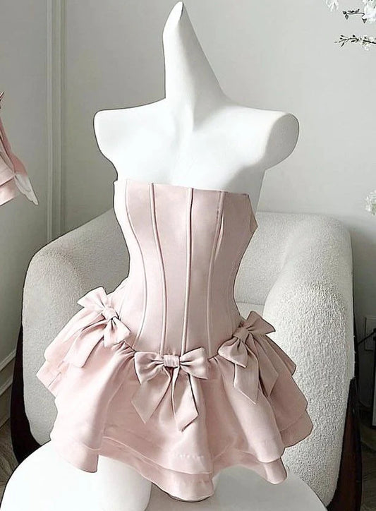 Charming Strapless Satin A-Line Mini Homecoming Dress With Triple Bows AS655