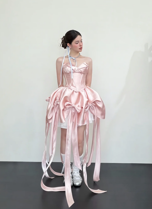 Sweet Pink Sweetheart Neck A Line Short Homecoming Dress With Bow Trailing Ribbons AS663