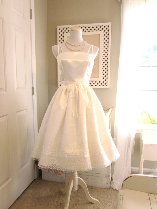 Vintage Ivory Square Neck Spaghetti Straps A Line Midi Homecoming Dress With Lace Trim & Bow Waist AS666