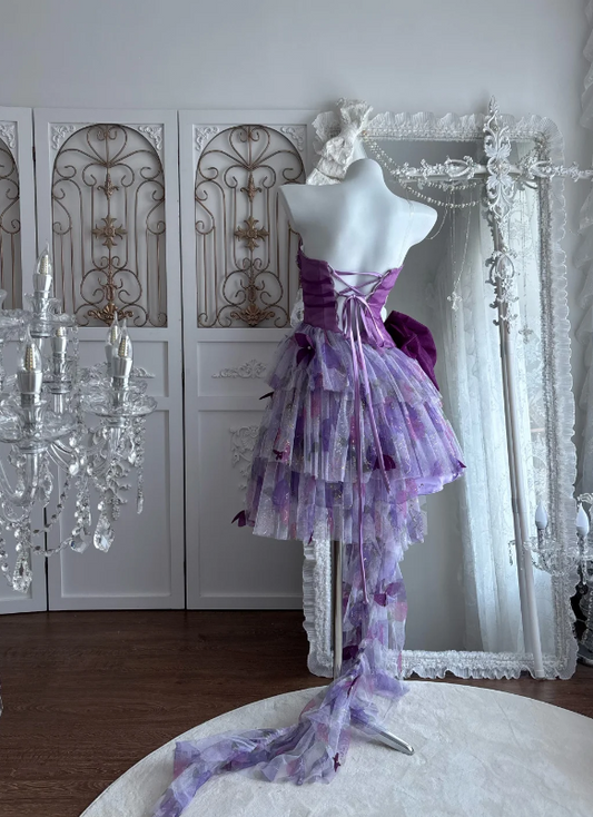 Whimsical Purple Strapless Beaded A Line Short Homecoming Dress With Oversized Bow & Trailing Tulle AS669