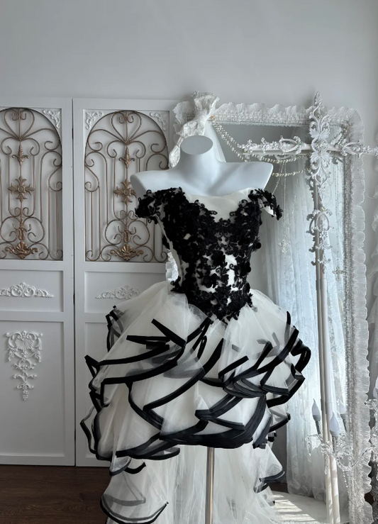 Glam Black & White Off-The-Shoulder A Line Short Homecoming Dress With Floral Lace Appliques, Voluminous Skirt & Trailing Train AS670
