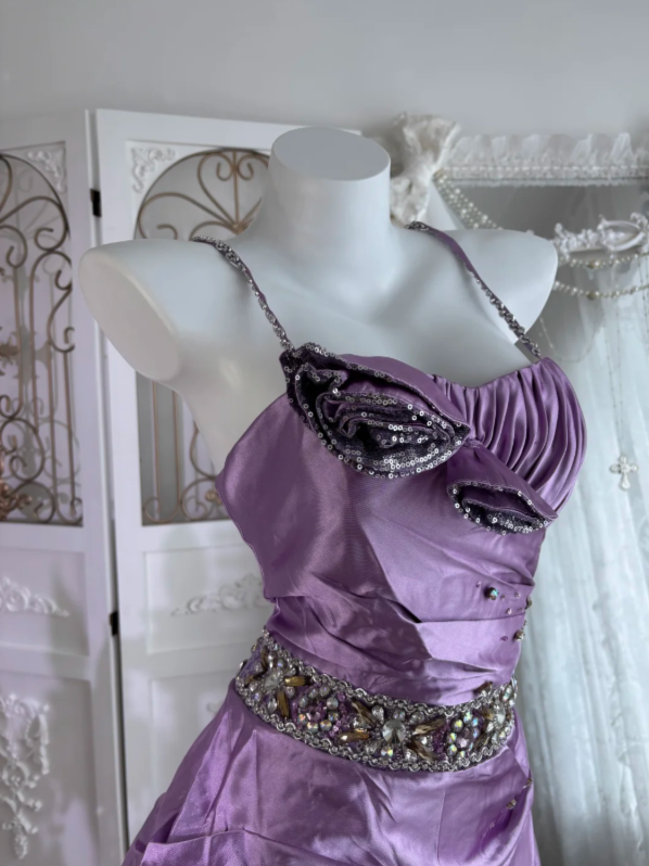 Vintage Lavender Spaghetti Straps Beaded Bodycon Short Homecoming Dress With Ruched Skirt AS674