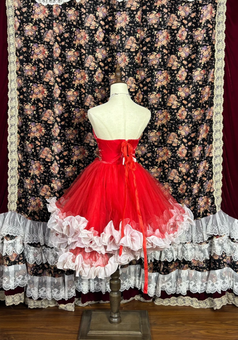 Vibrant Red Strapless Beaded A Line Short Homecoming Dress With Floral Applique & Ombre Ruffle Hem AS681