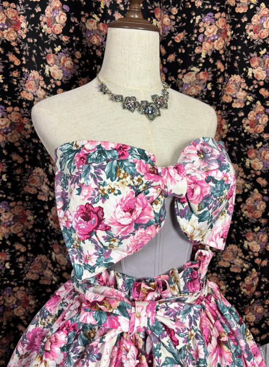 Vintage Floral Print Strapless A Line Short Homecoming Dress With Sweetheart Bow Bodice AS682