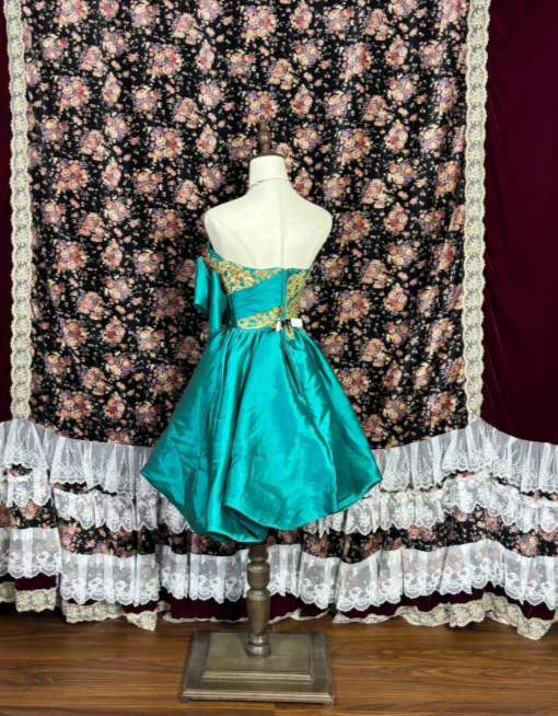 Regal Teal Strapless A Line Short Homecoming Dress With Gold Lace Applique Overlay & Bow Detail AS683