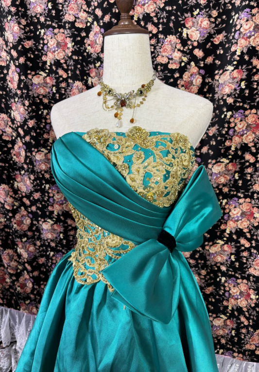 Regal Teal Strapless A Line Short Homecoming Dress With Gold Lace Applique Overlay & Bow Detail AS683