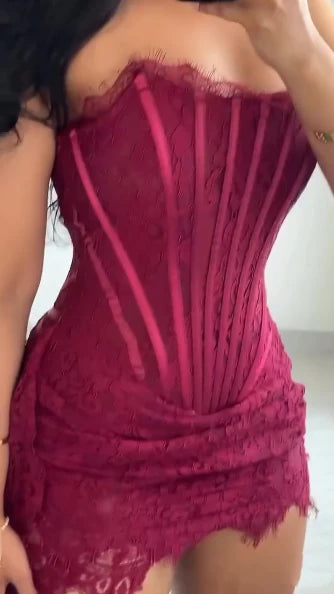 Glam Burgundy Strapless Corset Bodice Mini Homecoming Dress With Lace Overlay AS687