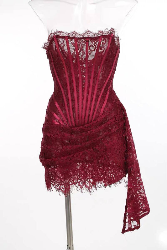 Delicate White Strapless Corset Bodice Mini Dress With Lace Overlay & Side Drape AS688
