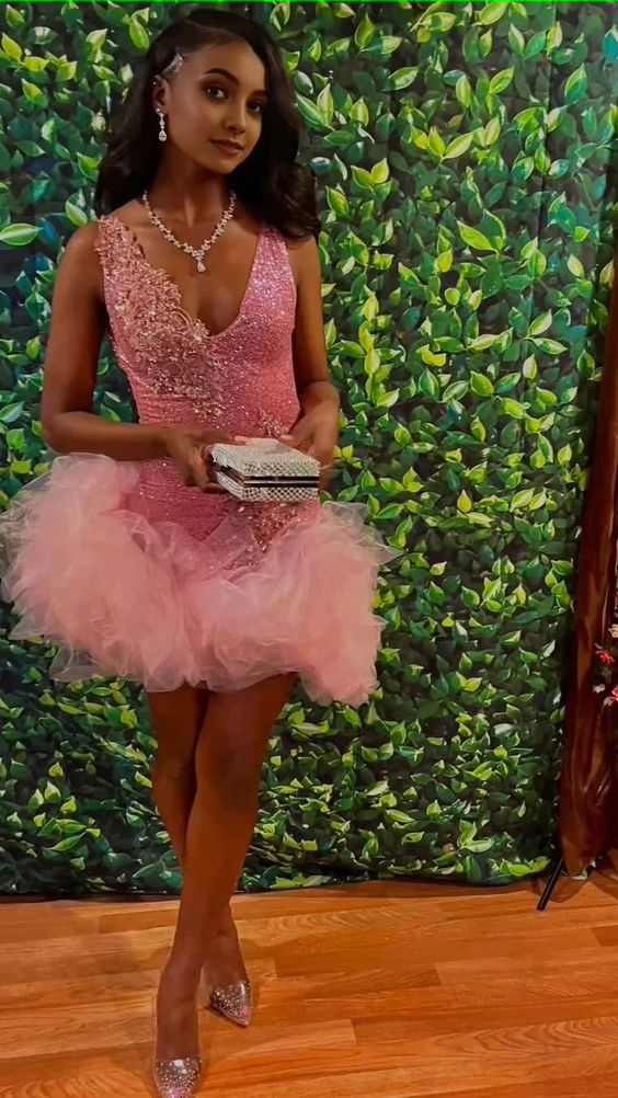 Glam Pink V-Neck Bodycon Short Homecoming Dress With Lace Applique & Tulle Ruffle Skirt AS701