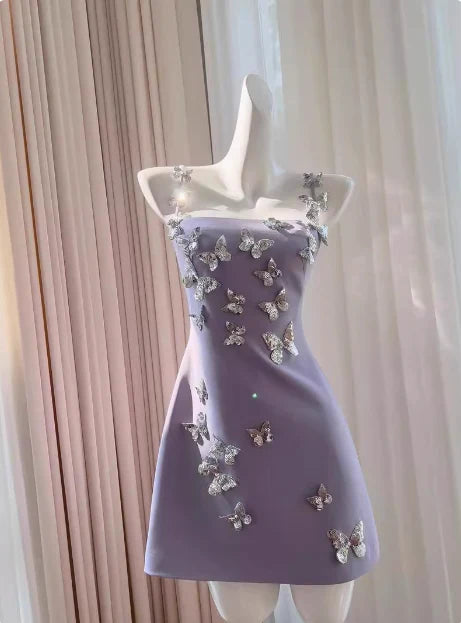 Dreamy Lavender Square Neck Straps A Line Short Homecoming Dress With 3D Silver Butterfly Applique AS702