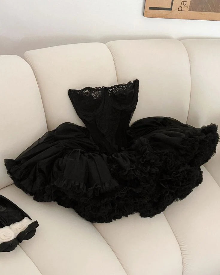 Cute Black Strapless Ball Gown Ruffles Lace Short Homecoming Dress AS707