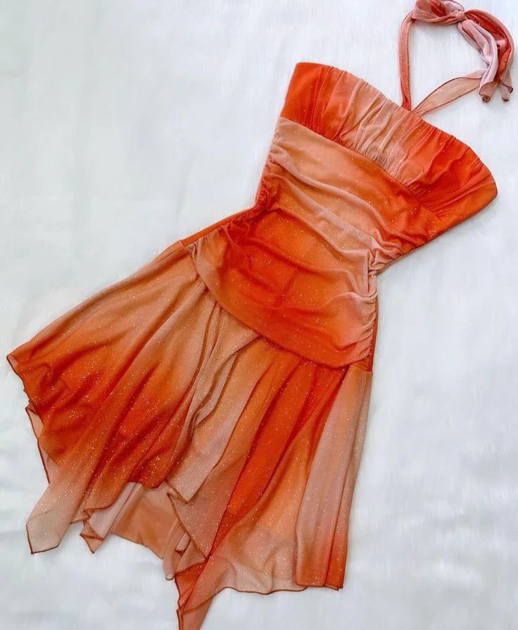 Sunny Coral Ombre Halter Sparkle Chiffon A Line Short Homecoming Dress AS714