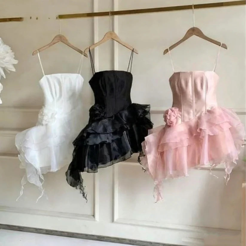 Whimsical Pink Spaghetti Straps A Line Short Homecoming Dress With Satin Corset Bodice & Layered Tulle Skirt With 3D Flower AS718