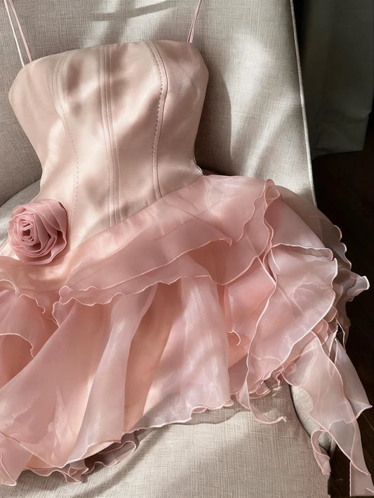Whimsical Pink Spaghetti Straps A Line Short Homecoming Dress With Satin Corset Bodice & Layered Tulle Skirt With 3D Flower AS718