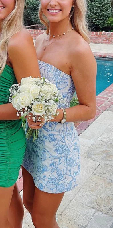 Charming Blue Floral Print Strapless Short Sheath Homecoming Dress With Belted Waist AS722