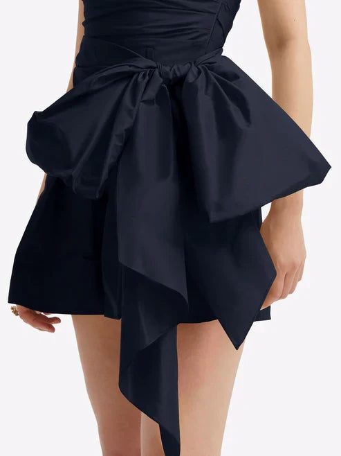 Sleek Navy Strapless Short A Line Homecoming Dress With Ruched Bodice & Bow Detail AS723